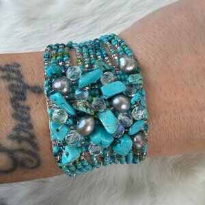 Turquoise & Gray Pearl Seed Bead Woven Bracelet w/ Snaps 6.5" Long 1.25" Wide